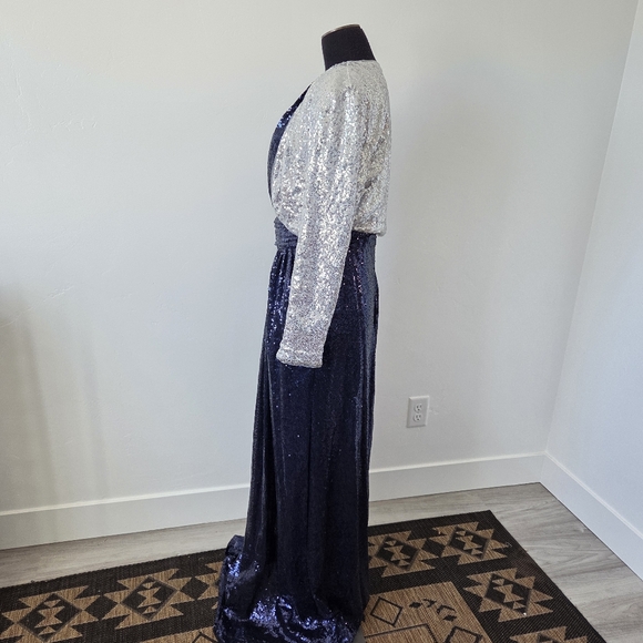 Kate Kasin Allover Sequin Maxi Dress Navy Blue Silver Formal Cocktail Event 12 - Picture 4 of 15